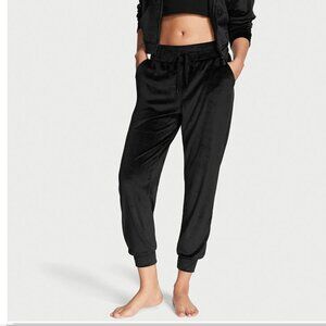 Victoria's Secret Black Velour Jogger High Rise Waist Pants Pockets Cuffed